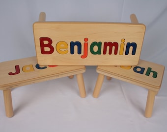 Wooden Name Puzzle Step Stool Bench - Birthday Gift - Wood - Personalized Puzzle -Kids Stool or Bench - One Name - Mixed Case Letters Only