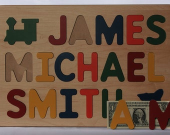 Name Puzzle -  With Three Names -  Personalized with ALL CAPITAL Letters - Raised Letters - Kids Wooden Puzzle -  Made in USA