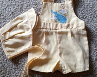 Good Lad PETE'S Jeans Vintage SUNSUIT & HAT Set Baby Boy Yellow Pin striped Anchor 3-6m