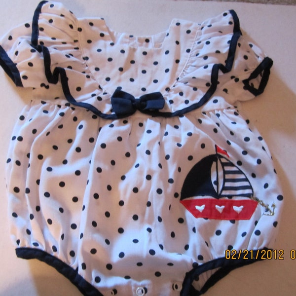 Vintage Easter SAIL BOAT Polka dot Infant Baby Girl Bubble Sunsuit 6-9 months