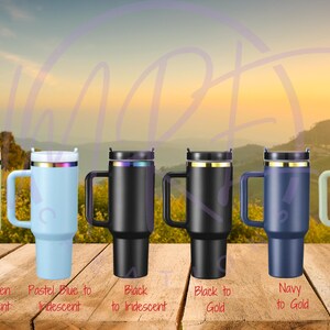 May include: Six stainless steel travel mugs with different color combinations. The mugs have a handle and a lid. The colors include pastel green, pastel blue, black, navy, and army green.