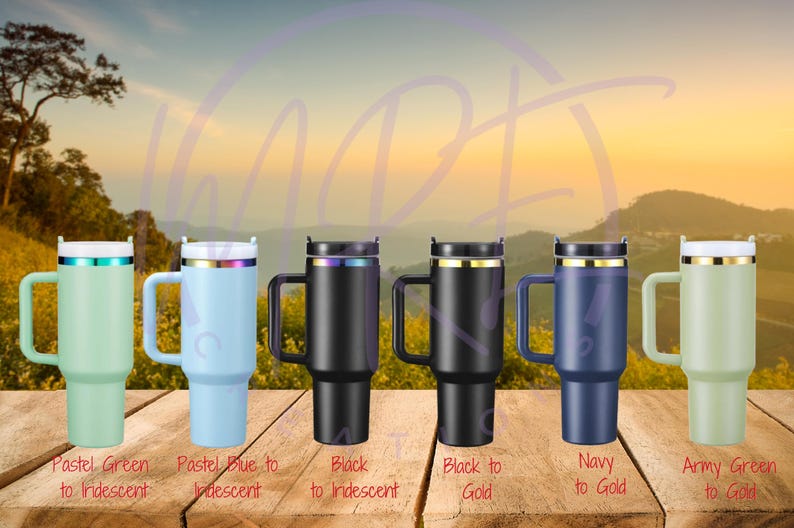 May include: Six stainless steel travel mugs with different color combinations. The mugs have a handle and a lid. The colors include pastel green, pastel blue, black, navy, and army green.