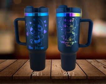Personalized 40oz Iridescent Tumbler | Custom Valentines Day "Stitch" Character Tumblers Drinkware Gift Holiday Cup