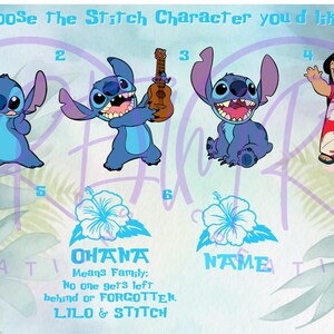 May include: A colorful image with six different Stitch characters from the Disney movie Lilo & Stitch. The characters are numbered 1 through 6. The image also includes the text "Ohana Means Family: No one gets left behind or forgotten. Lilo & Stitch" and "Name".
