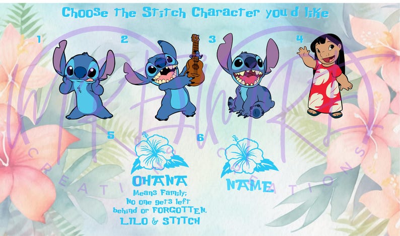 May include: A colorful image with six different Stitch characters from the Disney movie Lilo & Stitch. The characters are numbered 1 through 6. The image also includes the text "Ohana Means Family: No one gets left behind or forgotten. Lilo & Stitch" and "Name".
