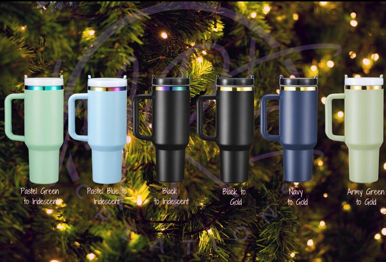 May include: Six stainless steel travel mugs with different color finishes. The mugs have a handle and a lid. The colors are pastel green, pastel blue, black, black to gold, navy to gold, and army green to gold.