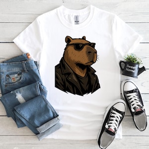 Capybara in Leather Jacket Png, Capybara Lovers Gift, Cartoon, Pet Lovers, Cute Animals, T-Shirt Design, DTF, Digital Download