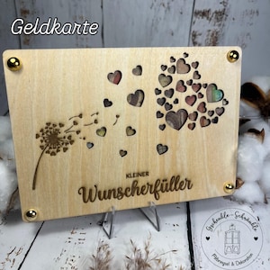Wunscherfüller, Grußkarte, Geldkarte, Geschenkkarte, Geburtstag, Jubiläum, Abschied, Kommunion, Ruhestand, Holz, Laser
