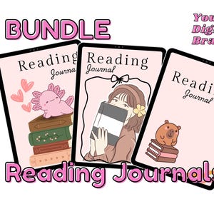 May include: A bundle of three digital reading journals on tablets. Each journal has a pink background with illustrations of an axolotl, a person with a book, and a bear. The text "Reading Journal" and "Bundle" are visible.