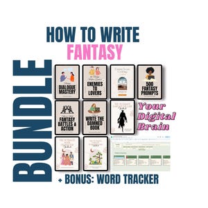 May include: A bundle of digital products for fantasy writers. The image features book covers with titles like "Dialogue Mastery" and "Enemies to Lovers." Text includes "How to Write Fantasy" and "+ Bonus: Word Tracker."