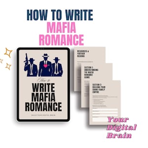 Op de afbeelding: Een digitale tablet toont de titel "How to Write Mafia Romance" met een afbeelding van drie mannen in pakken. Er zijn ook informatieve vellen aanwezig. De tekst "Your Digital Brain" is zichtbaar.