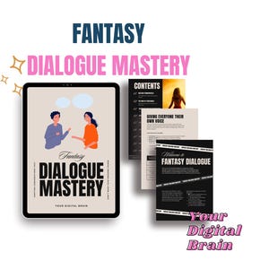 Könnte beinhalten: Ein Bild, das "Fantasy Dialogue Mastery" bewirbt. Ein Tablet zeigt eine Illustration von zwei Personen im Gespräch. Begleitmaterialien umfassen ein Inhaltsverzeichnis, eine Seite mit dem Titel "Jedem seine eigene Stimme geben" und ein schwarz-weißes Cover mit dem Titel "Willkommen beim Fantasy-Dialog".