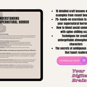 May include: A digital tablet displays a guide titled "Understanding Supernatural Horror." The screen shows text about horror subgenres, key elements, and effective techniques. A pink button reads "Download Now!"