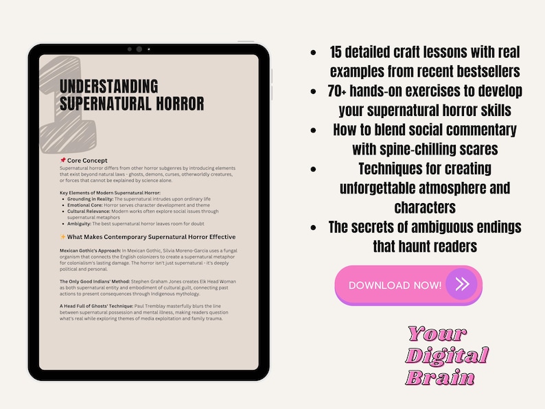 May include: A digital tablet displays a guide titled "Understanding Supernatural Horror." The screen shows text about horror subgenres, key elements, and effective techniques. A pink button reads "Download Now!"