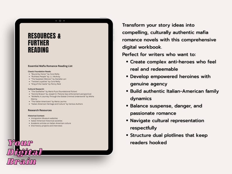 May include: A digital workbook on a tablet screen with the title "Resources & Further Reading." The screen displays a reading list and research resources for mafia romance novels. Text on the right side describes the workbook's features.