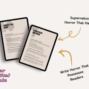 May include: Two black tablets display text about writing horror, with the phrases "Endings That Haunt" and "Atmosphere and Mood." Arrows point to the text "Supernatural Horror That Haunts" and "Write Horror That Possesses Readers." The words "Your Digital Brain" are also visible.