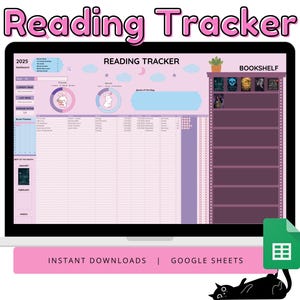 Può includere: Un modello di foglio di calcolo Google Sheets rosa e viola per tenere traccia dei progressi di lettura. Il modello include una libreria, un tracker di lettura e un dashboard con statistiche. Il testo "Reading Tracker" è visualizzato nella parte superiore del foglio di calcolo.