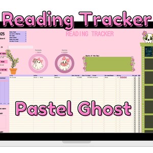 May include: A pastel pink and green digital reading tracker with a skull and crossbones graphic. The tracker includes sections for current read, last read, average rating, books finished, best of the month, and a quote of the day. The text "Reading Tracker" is at the top of the screen and "Pastel Ghost" is in the center of the screen.