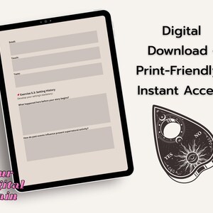 May include: A digital download product featuring a tablet with writing prompts and a planchette. The tablet displays text fields for sensory details and an exercise on setting history. The planchette is black with a sun and moon design.