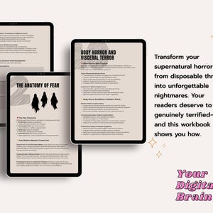 May include: Three digital tablets displaying workbook pages on a light pink background. The workbooks cover topics like "The Anatomy of Fear" and "Body Horror and Visceral Terror." Text on the right side reads, "Transform your supernatural horror..." and "Your Digital Brain."