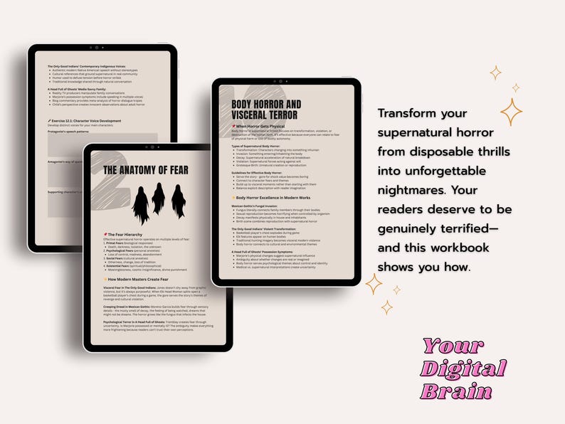 May include: Three digital tablets displaying workbook pages on a light pink background. The workbooks cover topics like "The Anatomy of Fear" and "Body Horror and Visceral Terror." Text on the right side reads, "Transform your supernatural horror..." and "Your Digital Brain."