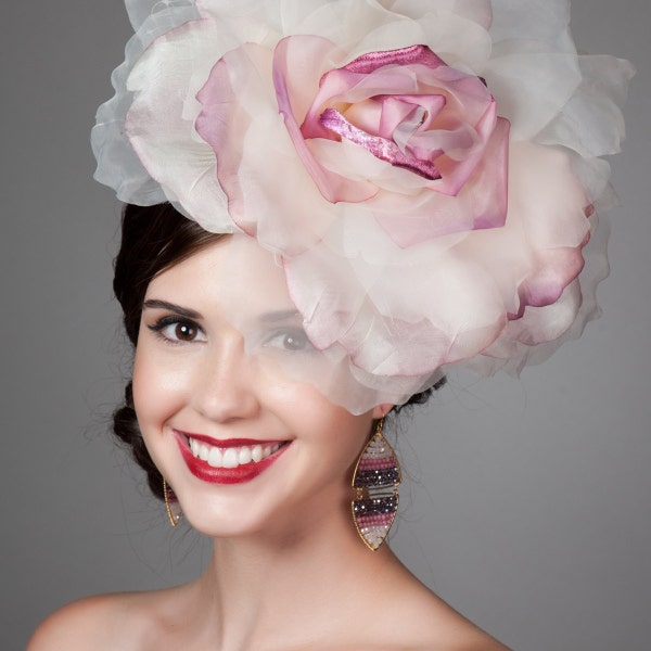 RESERVED // Silk Rose Fascinator. Millinery Headpiece. Kentucky Derby Hat. Ivory Pink Magenta. Silk Flower on Sinamay Base. Racing Fashion