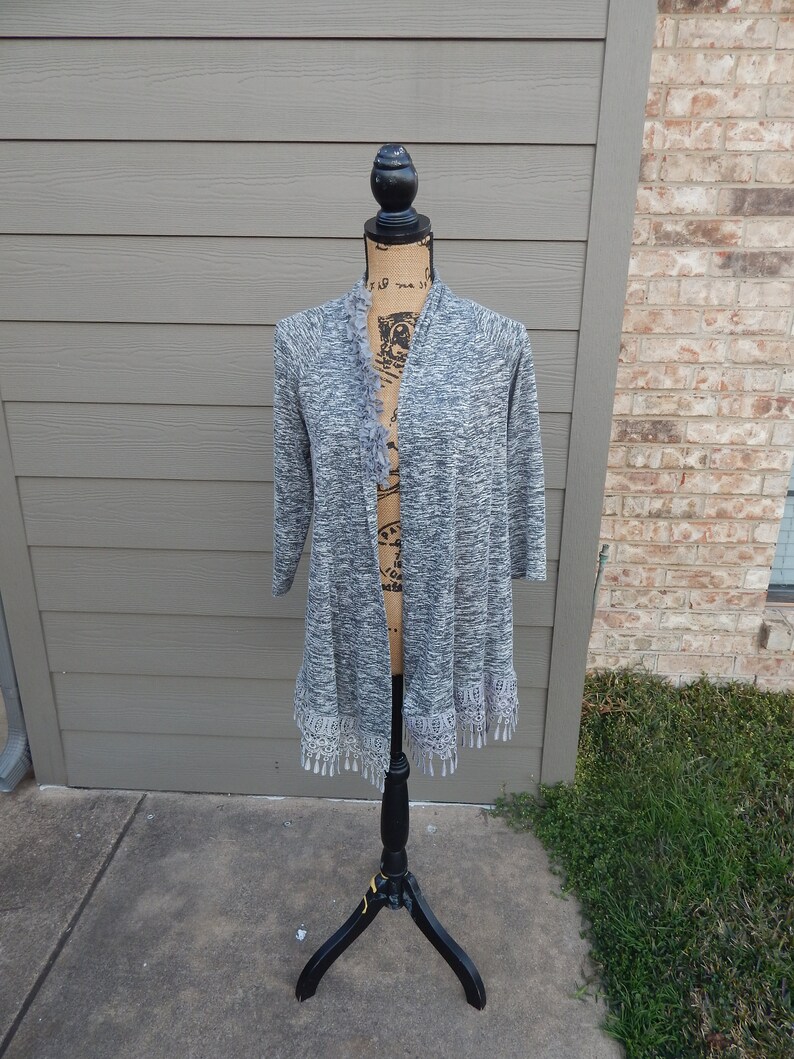 Bohemian Sweater Flowered and Gray Fringe and Trim Altered Women/'s Gray Cardigan Sweater Altered Couture-Medium Romantic Feminine