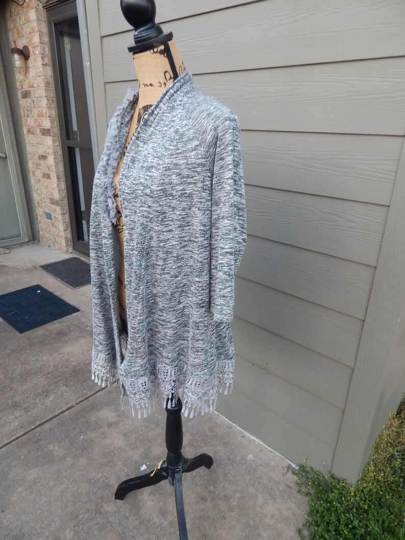 Bohemian Sweater Flowered and Gray Fringe and Trim Altered Women/'s Gray Cardigan Sweater Altered Couture-Medium Romantic Feminine