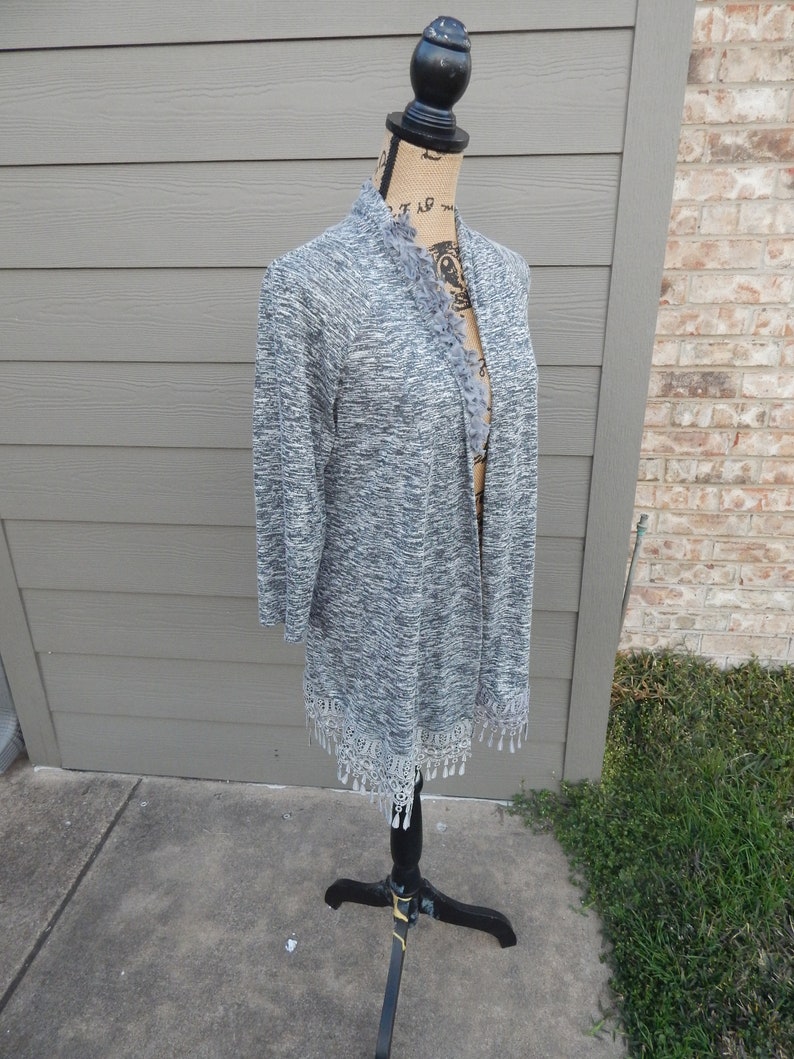 Bohemian Sweater Flowered and Gray Fringe and Trim Altered Women/'s Gray Cardigan Sweater Altered Couture-Medium Romantic Feminine