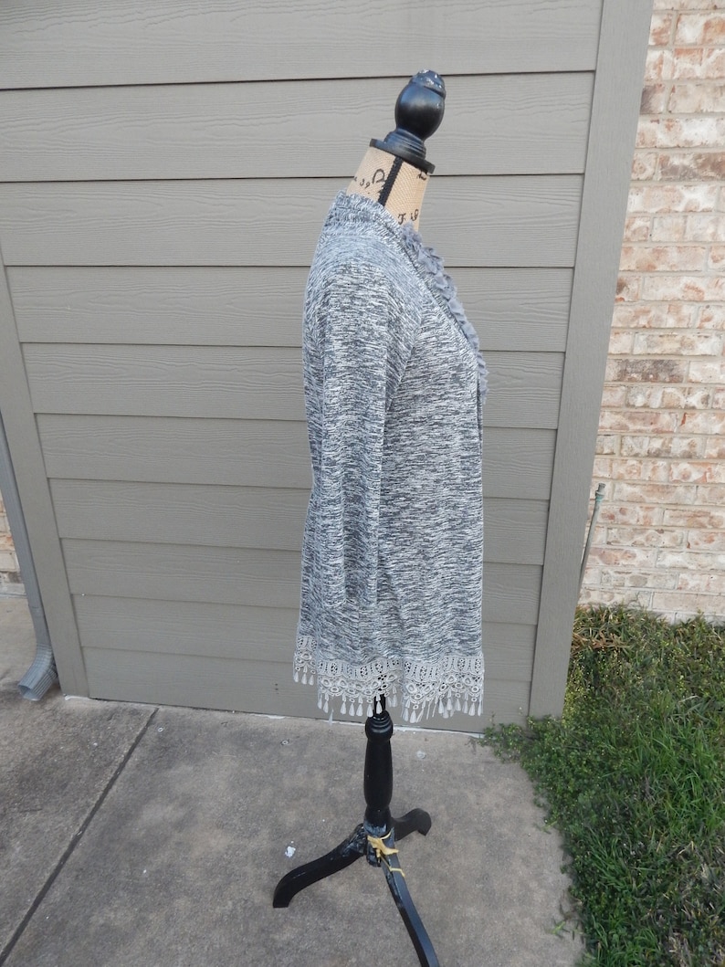 Bohemian Sweater Flowered and Gray Fringe and Trim Altered Women/'s Gray Cardigan Sweater Altered Couture-Medium Romantic Feminine