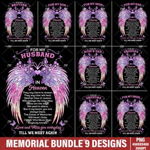 May include: A set of nine digital designs featuring angel wings with a memorial message. The designs are in a pink and purple color scheme with a black background. The text reads "In Heaven" and includes a poem about remembering a loved one. The designs are perfect for creating personalized memorial gifts.