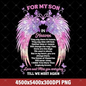 May include: A digital memorial design with the text "FOR MY SON IN Heaven". The design features angel wings, butterflies, and a poem. The colour scheme is pink and purple on a black background.