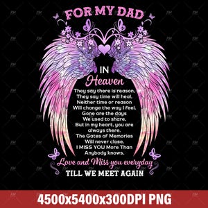 Memorial Dad in Heaven PNG Design - Angel Wings Sublimation Art, Digital Download for DIY T-Shirts & Gifts