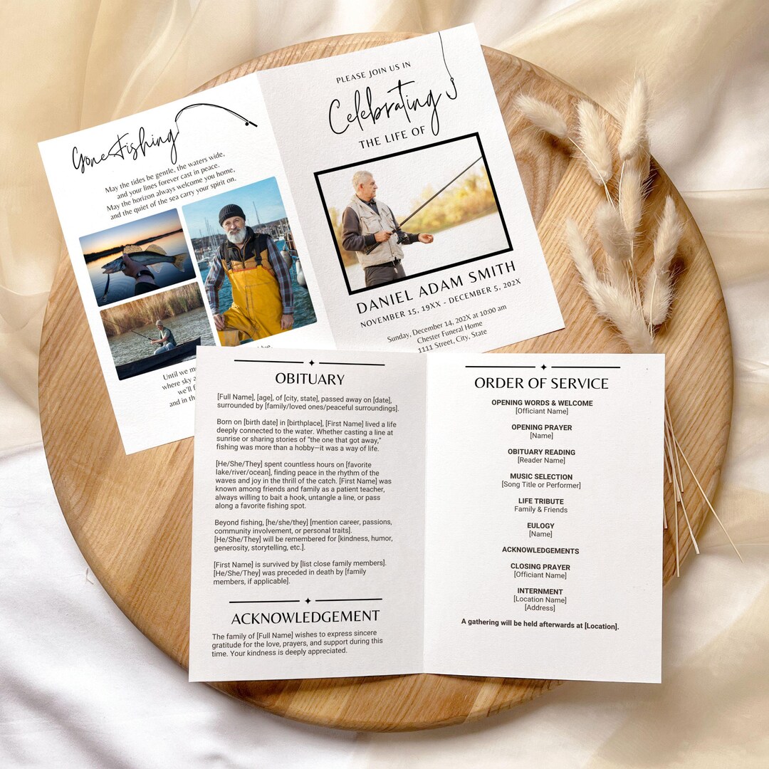 Fisherman Funeral Program Template, 4page Bifold Booklet (editable