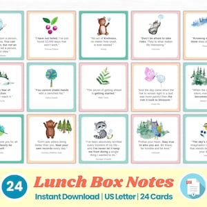 Może przedstawiać: Zestaw 24 karteczek do lunchboxa z inspirującymi cytatami i akwarelowymi ilustracjami. Każda karta zawiera inny cytat, z obrazami zwierząt, roślin i motyli. Karty są przeznaczone do natychmiastowego pobrania w formacie US Letter.