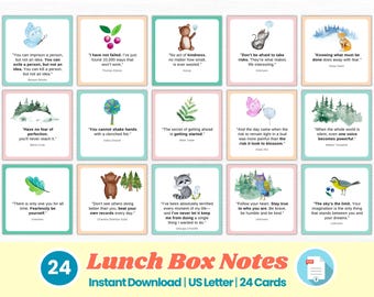 May include: Set of 24 lunch box notes with inspirational quotes and watercolor illustrations. Each card features a unique design with a motivational message, perfect for adding a positive touch to daily routines.