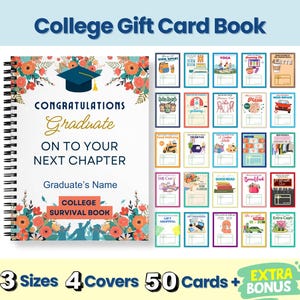 Libro de cupones de graduación personalizado, libro de tarjetas de regalo para estudiantes universitarios (imprimible y descargable), kit de supervivencia para el primer año universitario de padres.