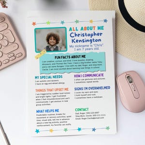 May include: A personalized "All About Me" card featuring a photo of a child named Christopher Kensington, age 7. The card includes fun facts, special needs, communication methods, and contact information. The design incorporates colorful stars and text.