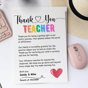 Carta de agradecimiento para maestros de parte de los padres, regalo de agradecimiento para maestros de preescolar, regalo de fin de año, plantilla editable en PDF