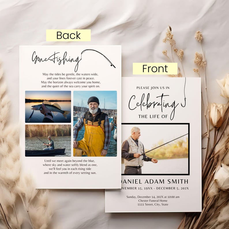Fisherman Funeral Program Template, 4page Bifold Booklet (editable