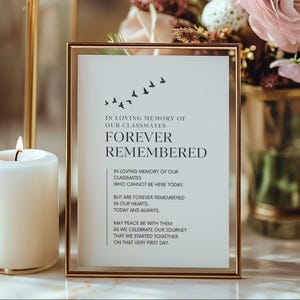 PRINTABLE Memory Table Sign for Class Reunion, Forever in Our Heart Memorial Poem, In Loving Memory of Classmate Memorial Decor, Minimalist