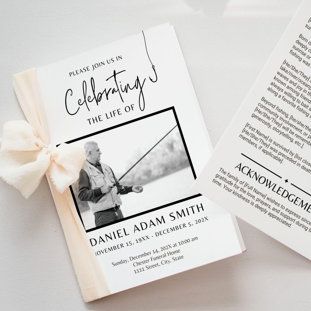 Fish Funeral Program Design Fisherman Funeral Program Template, 4-page Bi-fold Booklet (editable ...