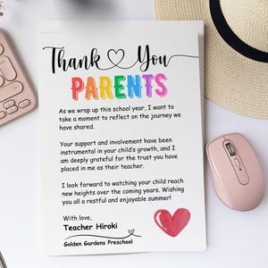Carta de agradecimiento para padres, carta de fin de curso, regalo de graduación para el último día de preescolar, plantilla editable en PDF y Canva