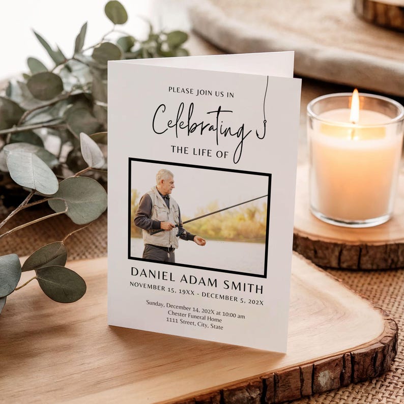 Fisherman Funeral Program Template, 4page Bifold Booklet (editable
