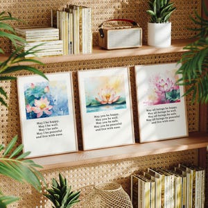 DIGITAL Set of 3 Boho Art Buddha Quote Metta Prayer Prints, Printable Loving Kindness Spiritual Wall Art, Yoga Studio Decor, DIGITAL PRINT