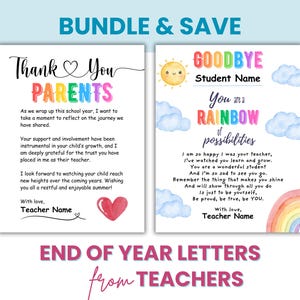 BUNDLE Lettre de remerciement aux parents de l'enseignant et poème de fin d'année aux élèves, cadeau de remise des diplômes le dernier jour de l'école maternelle, modèles modifiables