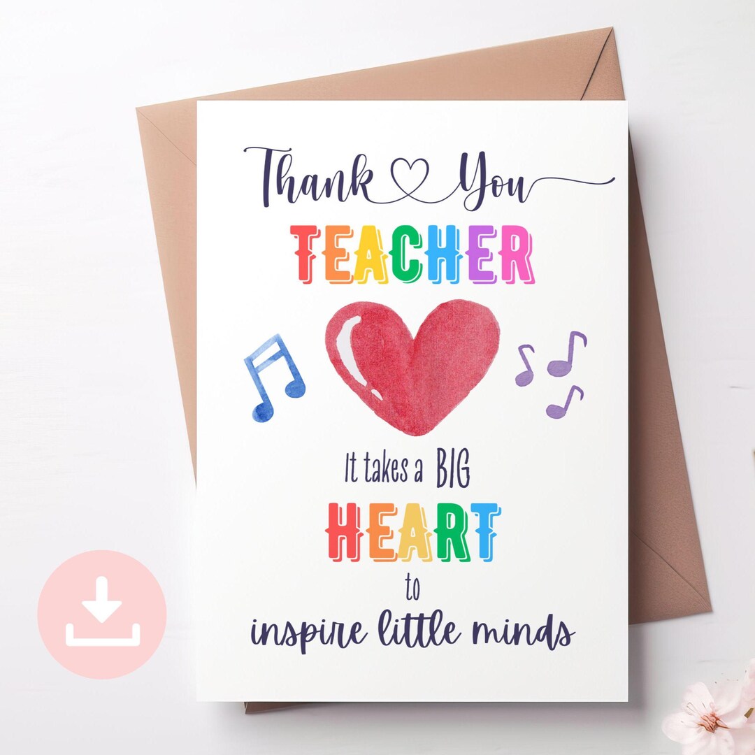 Music Teacher Thank You Card: Colorful Notes, Heart Design (PDF