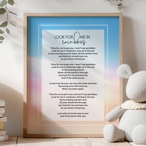 Poema funerario "Búscame en los arcoíris" para un niño, poema conmemorativo por la pérdida de un bebé, regalo de condolencias por el duelo de un padre, descarga instantánea