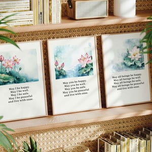 DIGITAL Set of 3 Boho Art Buddha Quote Metta Prayer Prints, Printable Loving Kindness Spiritual Wall Art, Yoga Studio Decor, DIGITAL PRINT