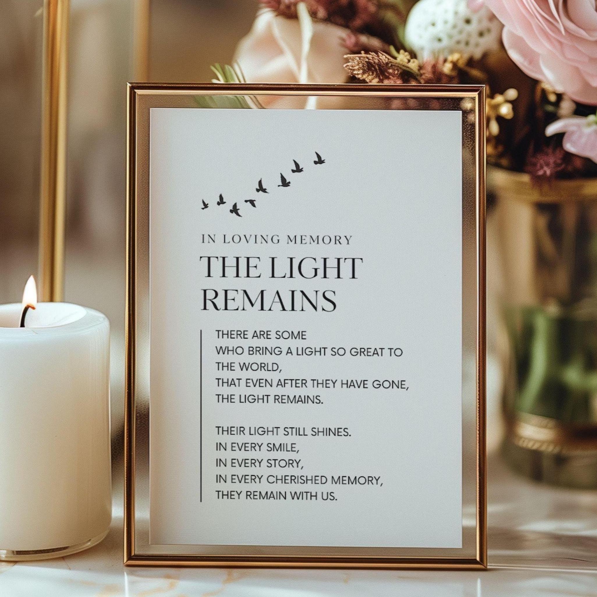 The Light Remains Printable, Funeral Memory Table Sign, Poem for Mother's Funeral Programs, Father Memorial Poem,  Remembrance Table Sign